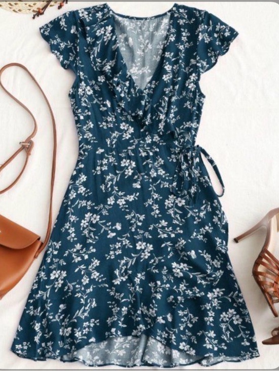 Dresses & Skirts - Boho Floral Wrap Mini Dress with Butterfly Sleeves Sz L
